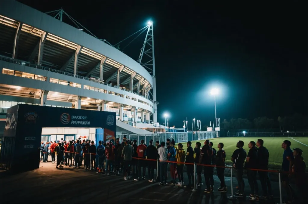 球迷在世界杯球场外排队入场的夜景画面