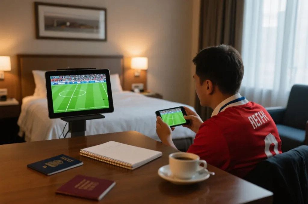 旅馆房间里，一位球迷用手机和平板同步观看世界杯比赛，桌上放着护照和笔记本，呈现出出差观赛场景